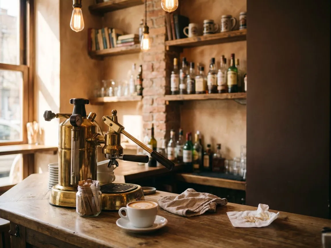 Café interior with an espresso machine on a wooden bar counter