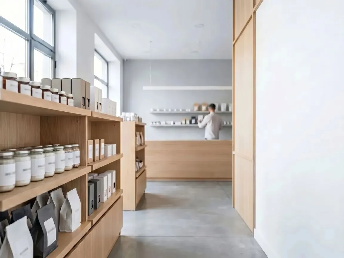 Modern retail shop interior with wooden shelving